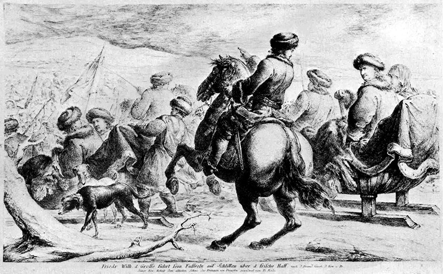 Фридрих Вильгельм на санях переправляет пехоту через Фришес Хафф (Калининградский залив)