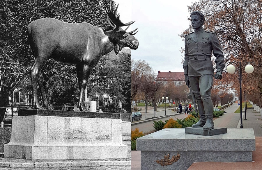Скульптура "Лось" и памятник Гусеву
