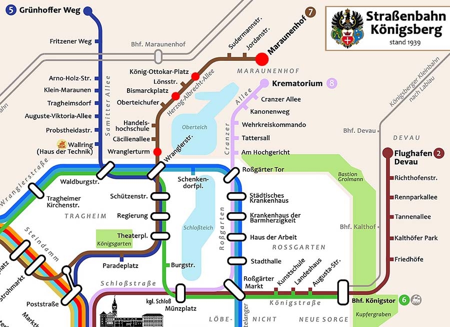 Фрагмент схемы трамвайных маршрутов Кёнигсберга
