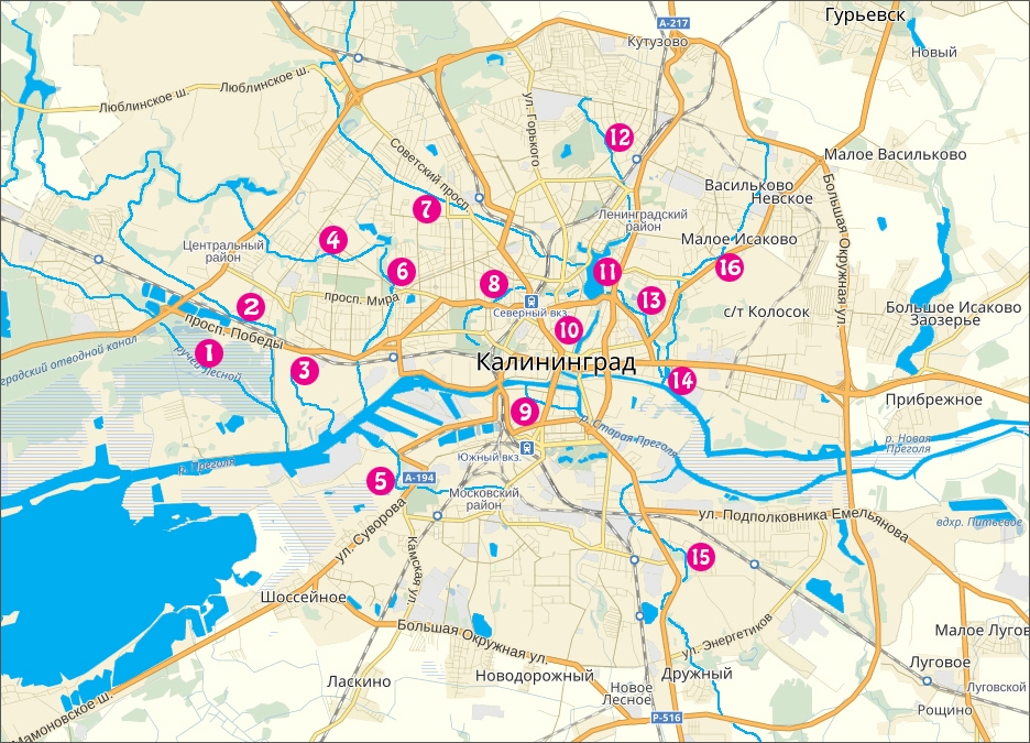 Карта рек, ручьев, каналов и прудов Калининграда